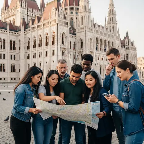 Diverse Group of Tourists Deciphering City Map by Gothic Building