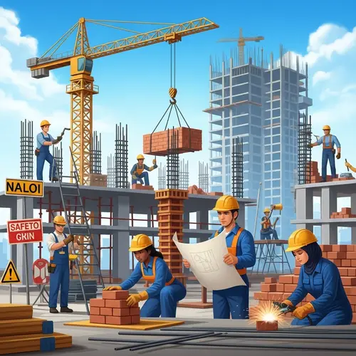 Colorful Building Construction Poster | Vibrant Scene with Diverse Workers