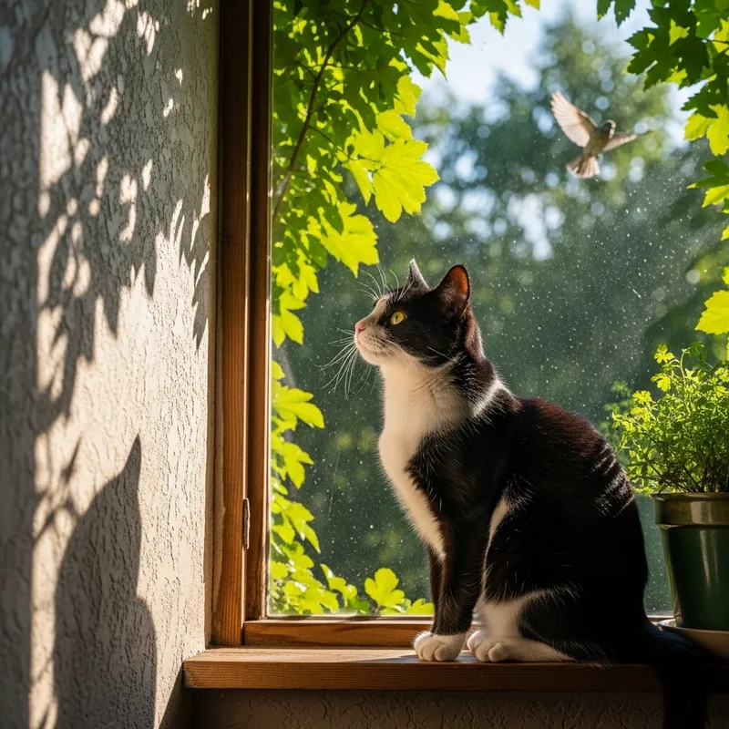 Charming Black and White Cat Watching Bird Charming Black and White Cat Watching Bird