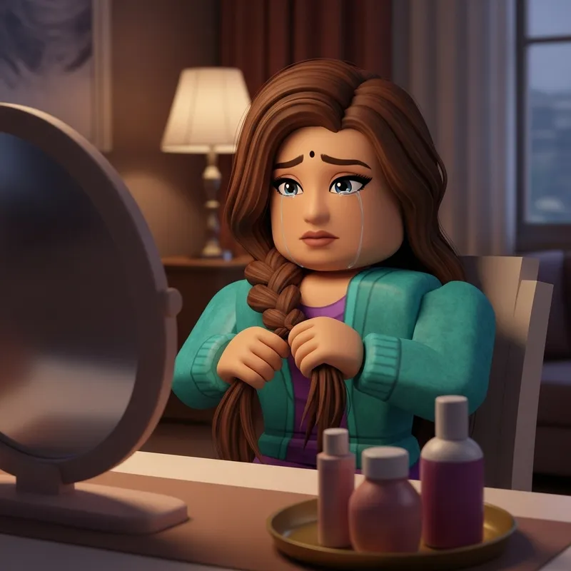 Roblox Style South Asian Woman Creating Intricate Braids with Tears