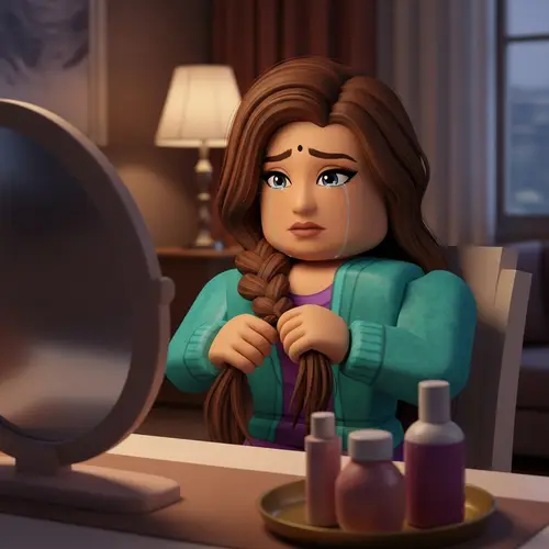 Roblox Style South Asian Woman Braiding Hair and Crying