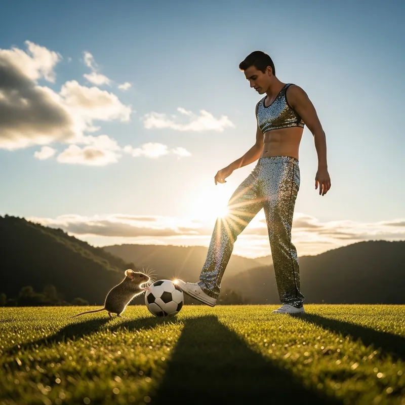 Playful Mouse and Stylish Person Enjoy Ball Game in Field