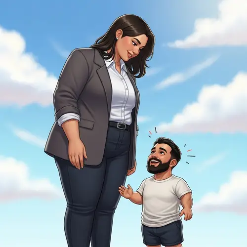 Captivating Interaction Between Tall Hispanic Woman and Short Middle-Eastern Man