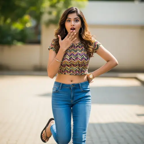 Trendy Girl in Crop Top, Jeans, and Flip Flops