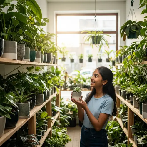 Young South Asian Girl in Vibrant Plant Store - Urban Plant Haven