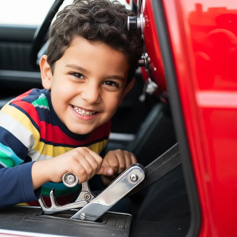 Excited Middle-Eastern Boy Pressing Hard on Red Car Gas Pedal Excited Middle-Eastern Boy Pressing Hard on Red Car Gas Pedal