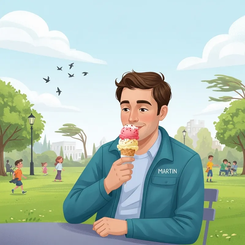 Martin Enjoying Ice Cream in a Lively Park