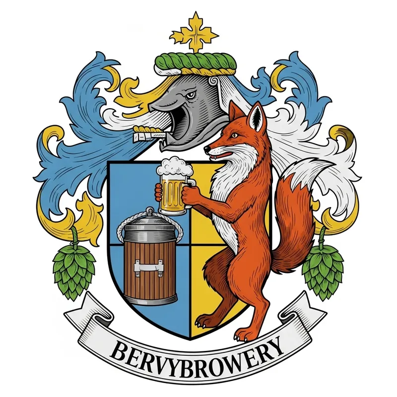Hop Fox Brewery Coat of Arms with Beer-Drinking Hop Fox