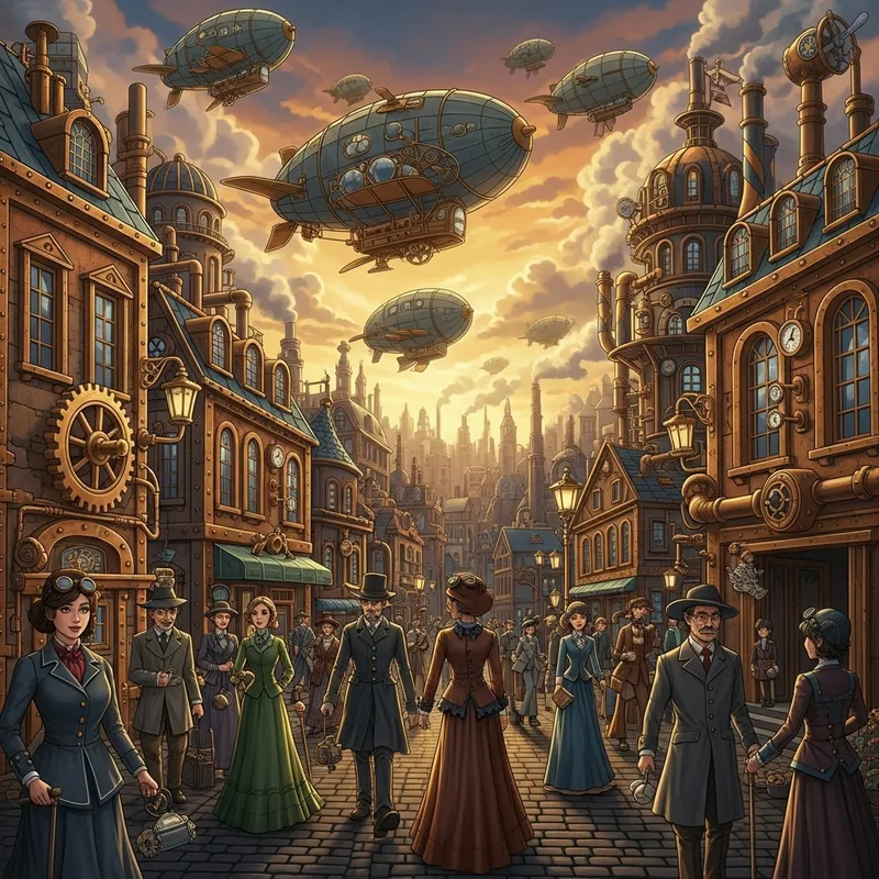 Steampunk Cityscape: Brass & Copper Buildings, Airships