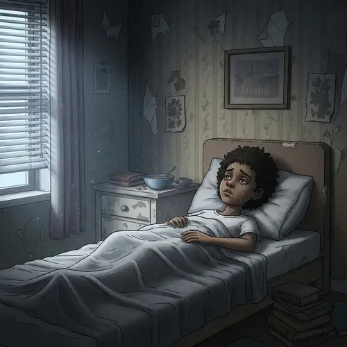 Melancholic African Descent Girl Waking Up in Gloomy Bedroom