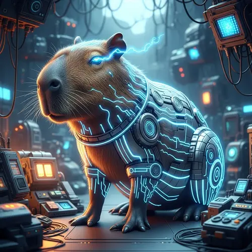 Tech-Infused Capybara in Futuristic Setting
