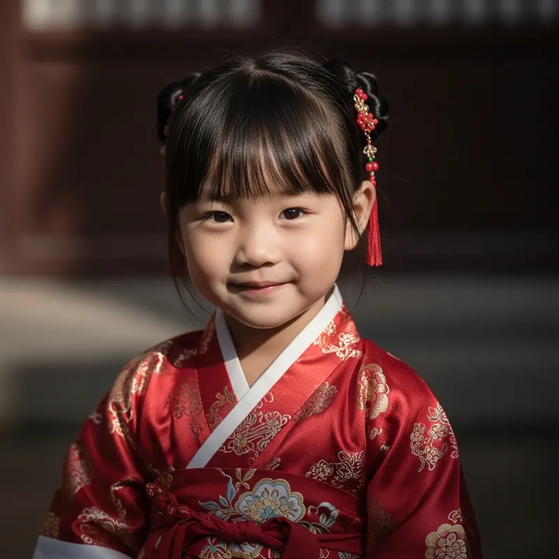 Heartwarming Four-Year-Old Chinese Girl in Red Traditional Hanfu Dress Heartwarming Four-Year-Old Chinese Girl in Red Traditional Hanfu Dress