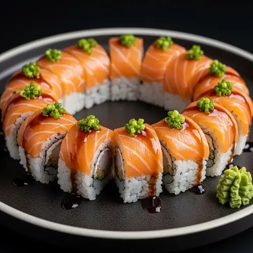 Vibrantly Colored Sushi Roll on Circular Plate | Japanese Cuisine