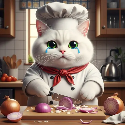 Realistic British White Cat Cutting Onions | Chef Costume