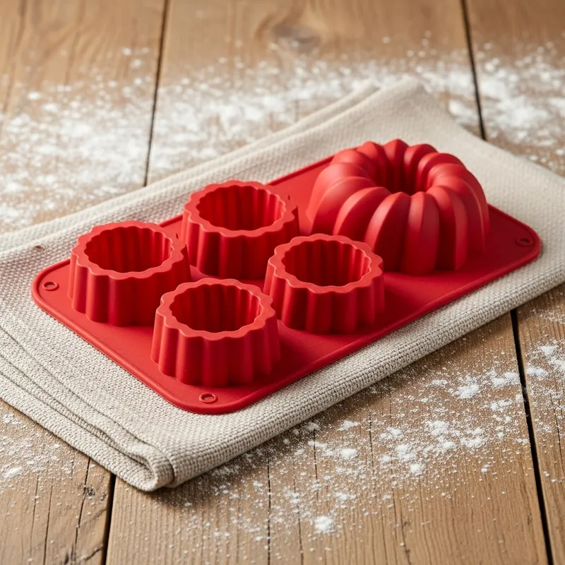 Red Silicone Baking Mold on Flour-Dusted Wooden Table