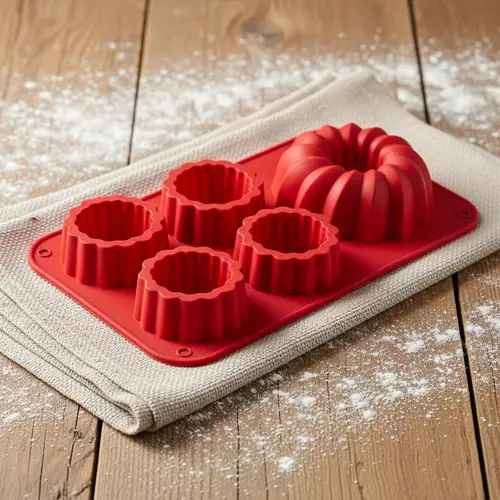 Vibrant Red Silicone Baking Mold on Rustic Wooden Table