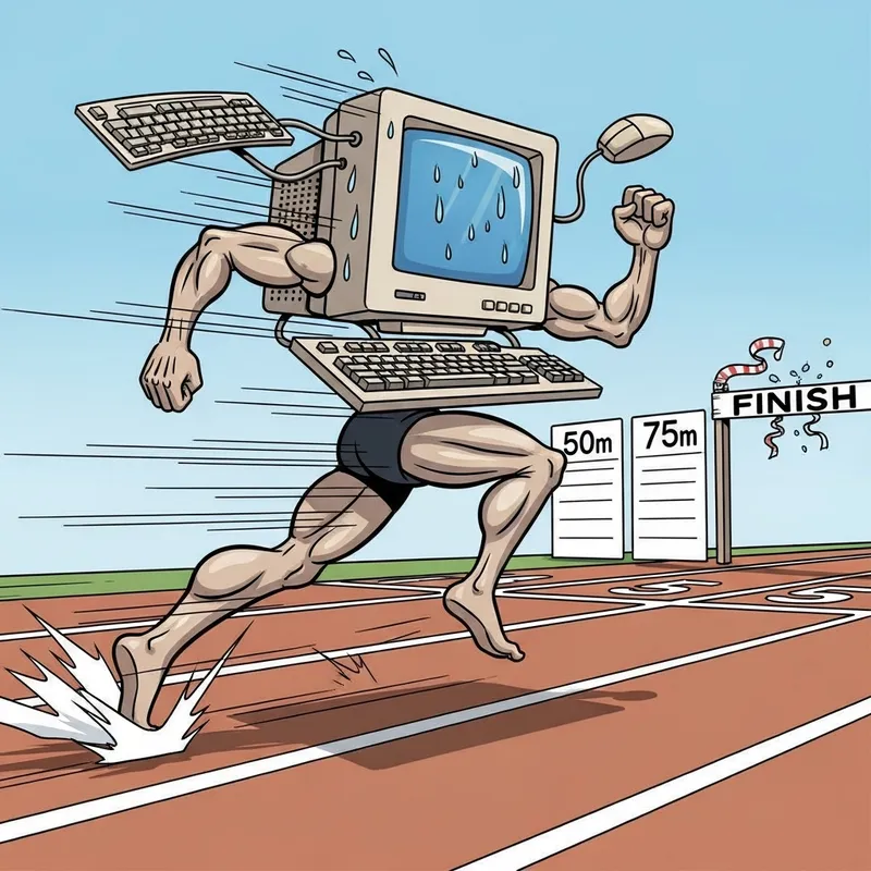 Comic Computer Sprinting in a 100-Meter Dash