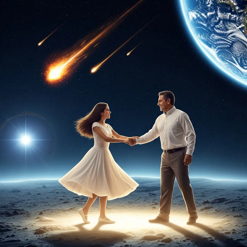 Magical Quinceañera Waltz: Moonlit Dance Amidst Exploding Meteors