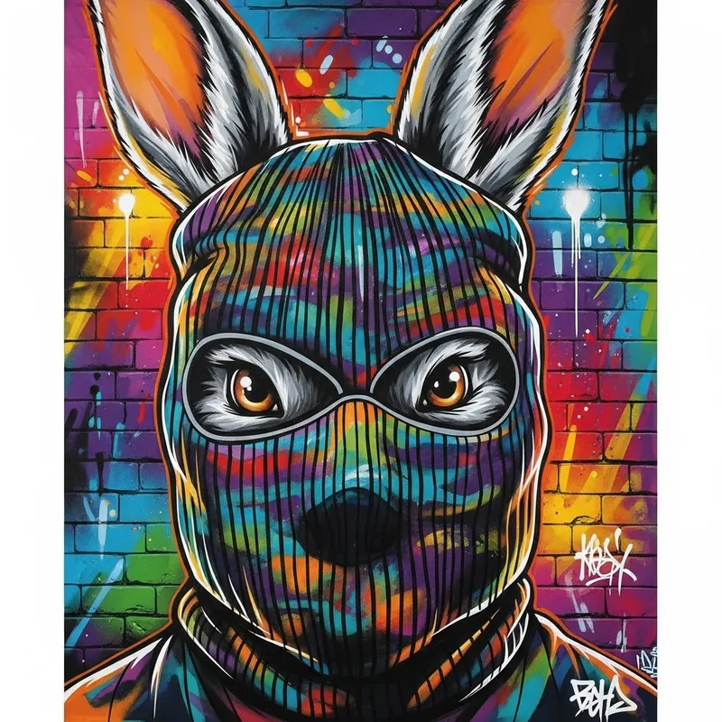 Vibrant Graffiti Rabbit Art: Urban Bandit Balaclava Mural