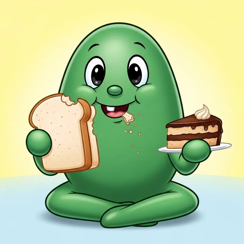 Adorable Green Egg Character with Cute Face Eating Bread and Cake