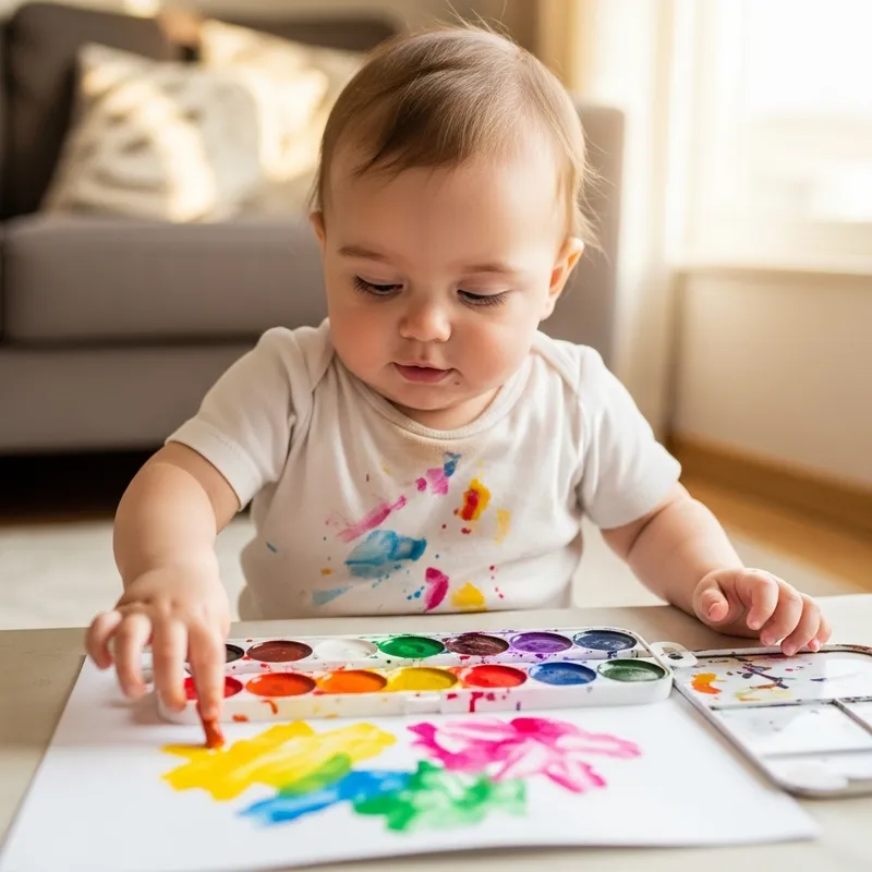 Joyful Baby Playing with Watercolor Pastels