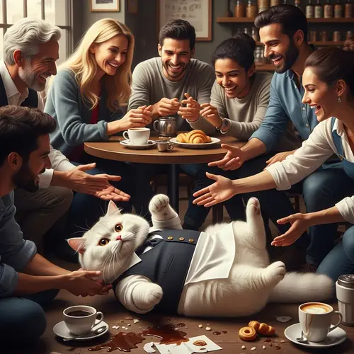 Humorous Cafe Scene with Fluffy British Cat Waiter Mishap
