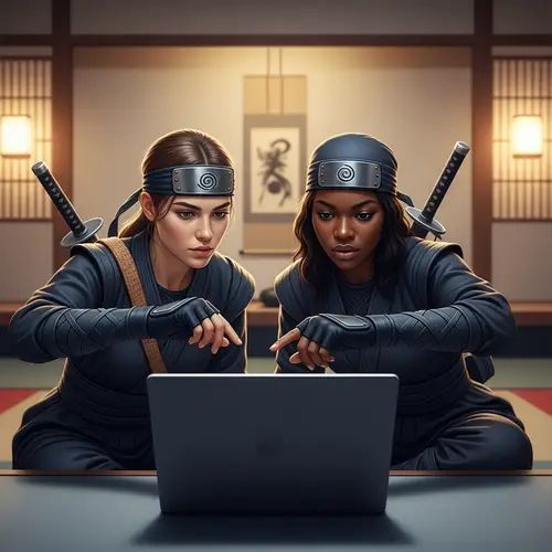 Modern Ninja Women Working on High-Tech Laptop
