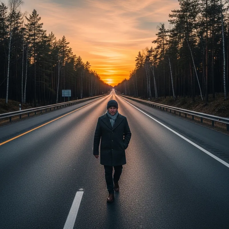 Serene Walk on Deserted Highway - A Contemplative Stroll in Nature's Beauty