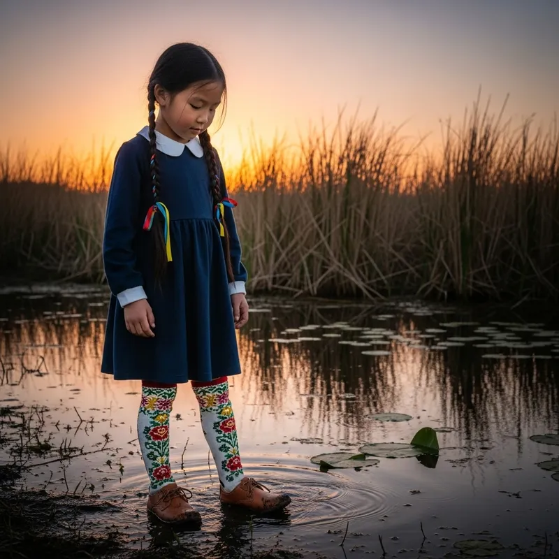 Asian Girl in Swamp | Embroidered Stockings Asian Girl in Swamp | Embroidered Stockings