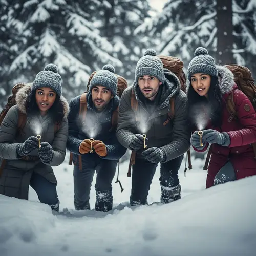 Winter Quest Game Scene with Diverse Group Searching for Keys