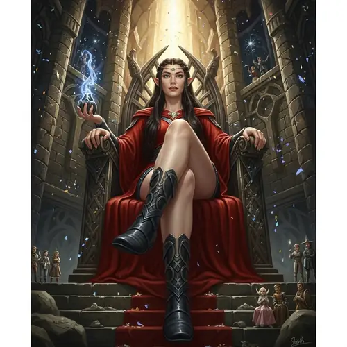 Empowered Female Elven Sorceress in Tolkien-inspired Realistic Painting