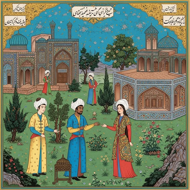 Exquisite Persian Miniature Artwork Featuring Detailed Architecture Exquisite Persian Miniature Artwork Featuring Detailed Architecture