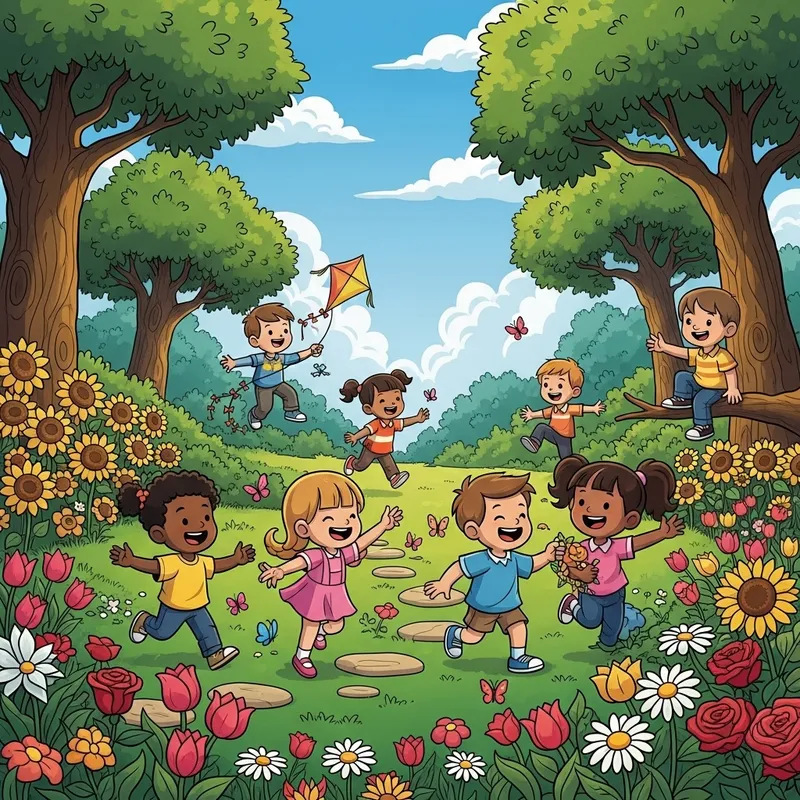 Cartoon Kids Playing in Garden - Outdoor Fun