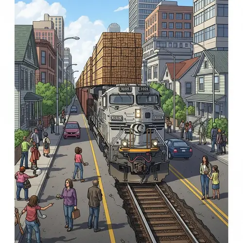 Impressive Freight Train Laden with Wood Moving Down Urban Street