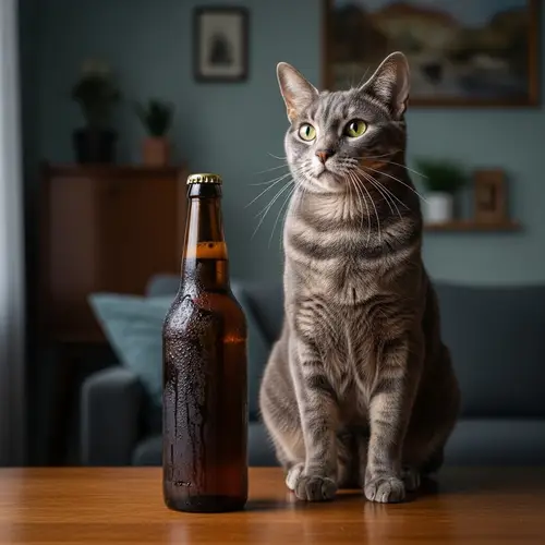 Gray Cat by Closed Beer Bottle - Unique Scene in Cozy Setting