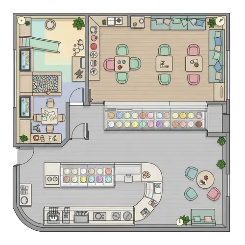 Detailed Blueprint of an Ice Cream Store and Head Office Design