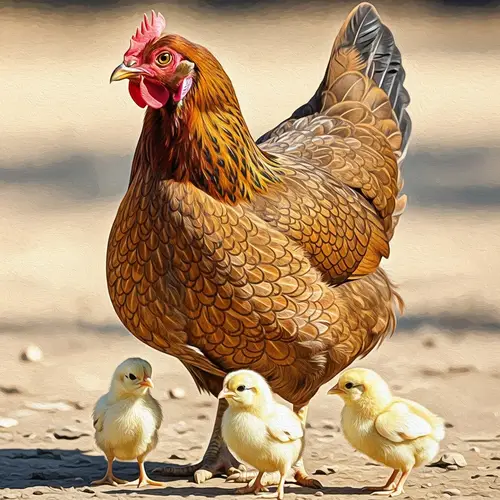 South Asian Mother Hen with Three Fluffy Chicks | Impressionist Style Art