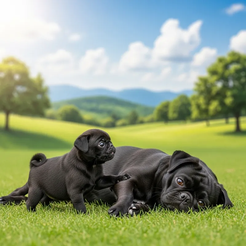 Enchanting Black Pug Puppy Playing Scene in Serene Landscape