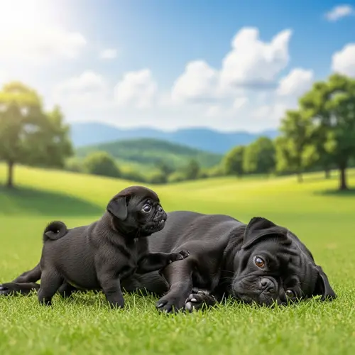 Black Pug Puppy Playing with Adult Pug in Serene Landscape