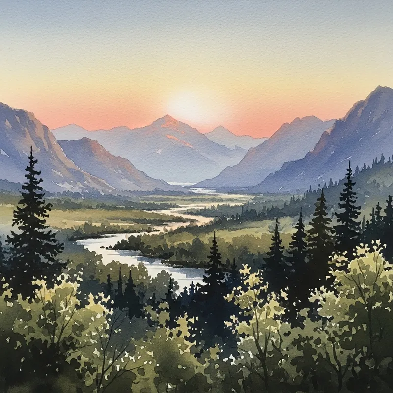 Scenic Watercolor Landscape with Majestic Mountains