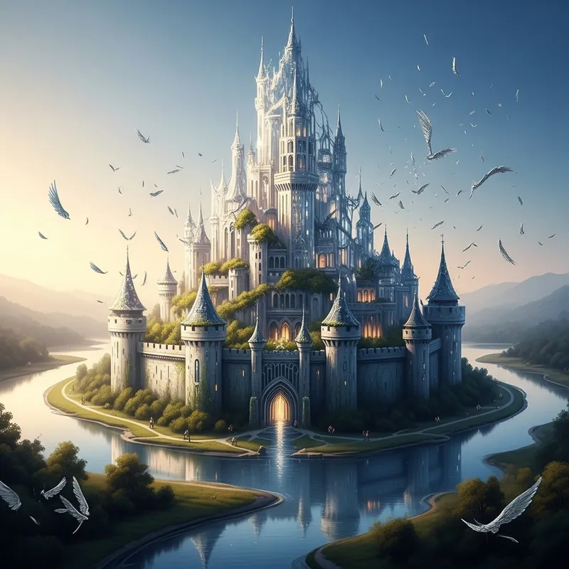 Ethereal Crystal Castle by River, Silver Wings & Feathers Ethereal Crystal Castle by River, Silver Wings & Feathers