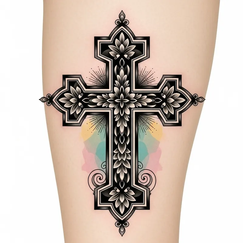 Intricate Cross Tattoo Design with Spiritual Elements