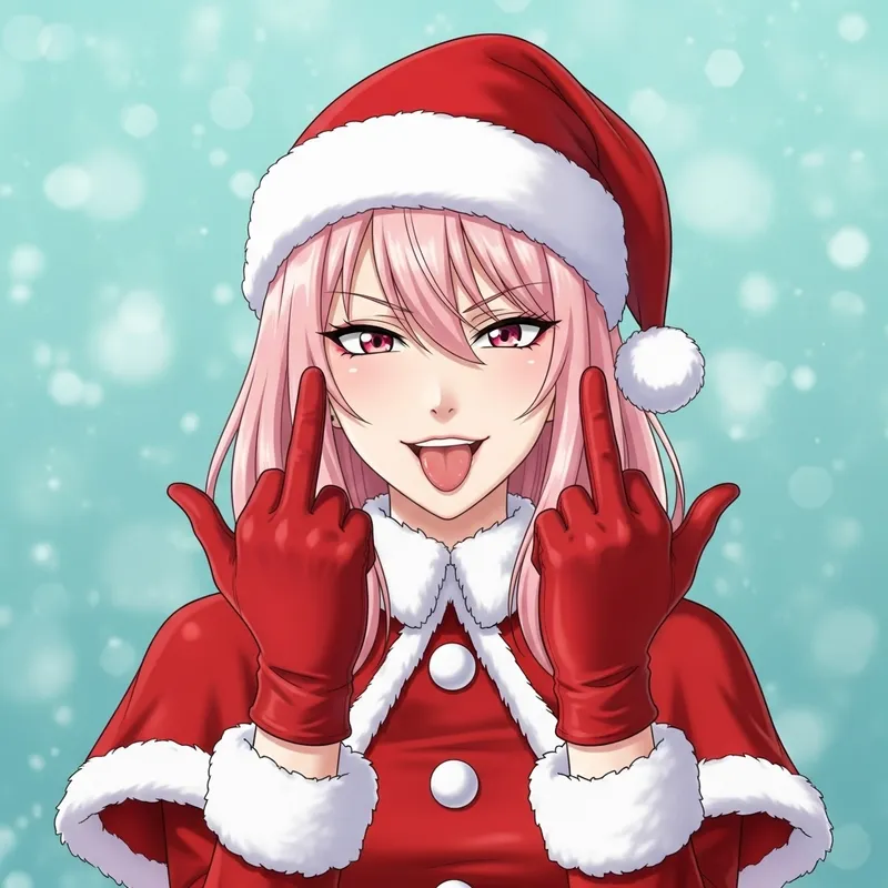 Anime Woman with Pink Hair in Red Christmas Outfit
