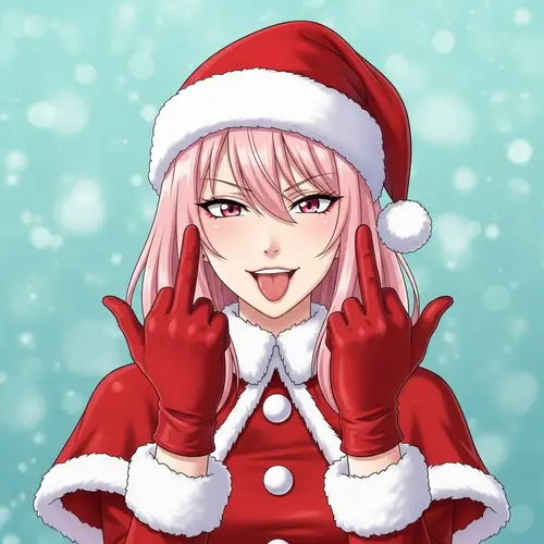 Festive Pink-Haired Anime Woman | Cheeky Santa Gesture