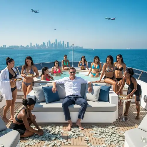 Luxury Yacht Scene with Wealthy Individual and Diverse Crew