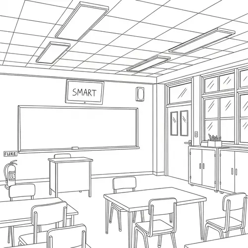 Classroom Sketch: Windowed Classroom Scene with Blackboard and SMART TV