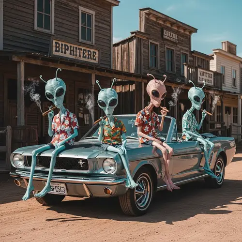 Quirky Aliens Relaxing on 1965 Ford Mustang in Western Ghost Town