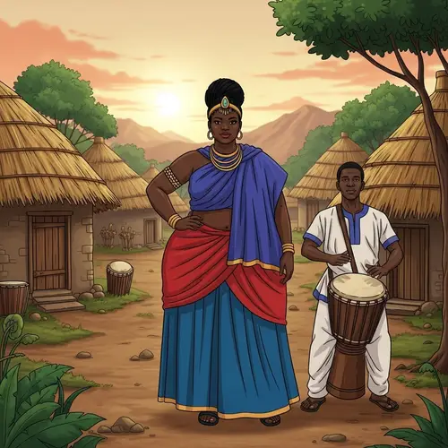 African Princess and Drummer in Traditional Village Setting