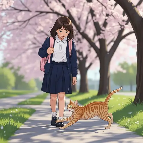 Asian Schoolgirl Walking with Playful Tabby Cat