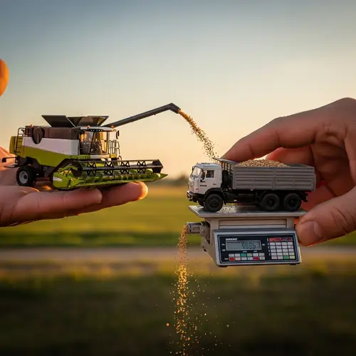 Combine Harvester and KamAZ Truck: Grain Transfer on Truck Scales